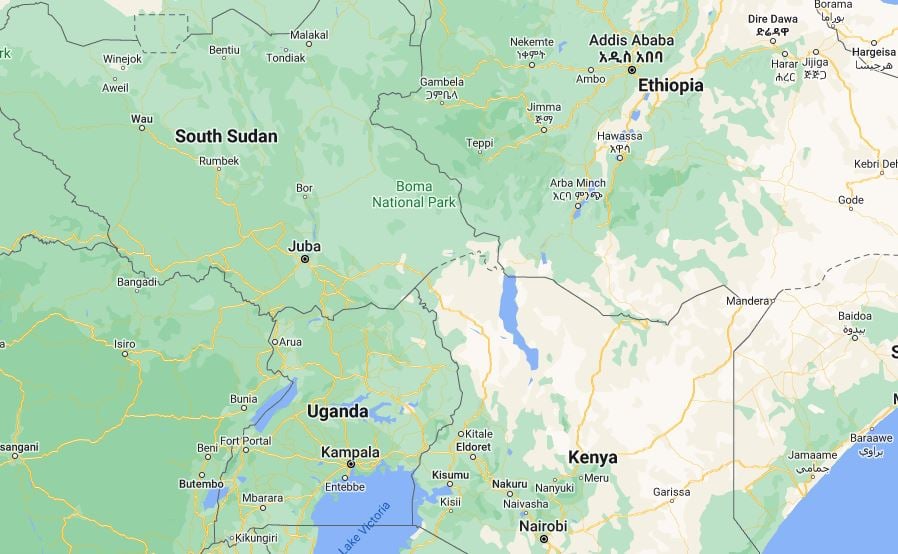 Mapa Google zobrazující Ugandu a některé z jejích sousedních zemí. Etiopie uvedla, že stovky Uganďanů, kteří uprchli z vesnic, aby unikli „dne soudného dne“, se usadily v jejich regionu jižních národů, národností a národů (SNNPR), který sousedí se sousední Keňou