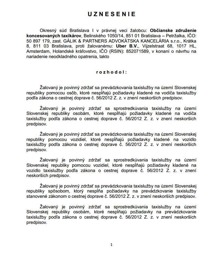 soudní zákaz provozování UBER na Slovensku