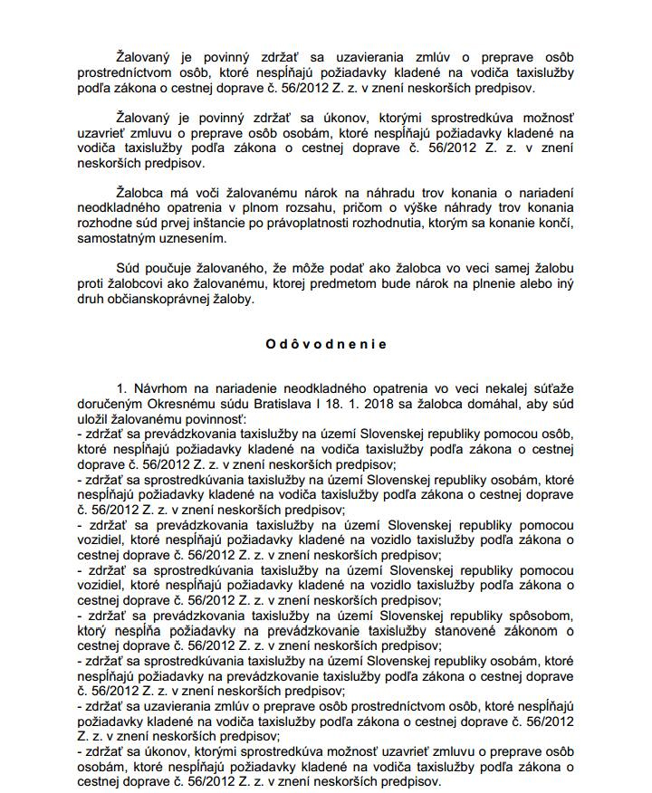 soudní zákaz provozování UBER na Slovensku